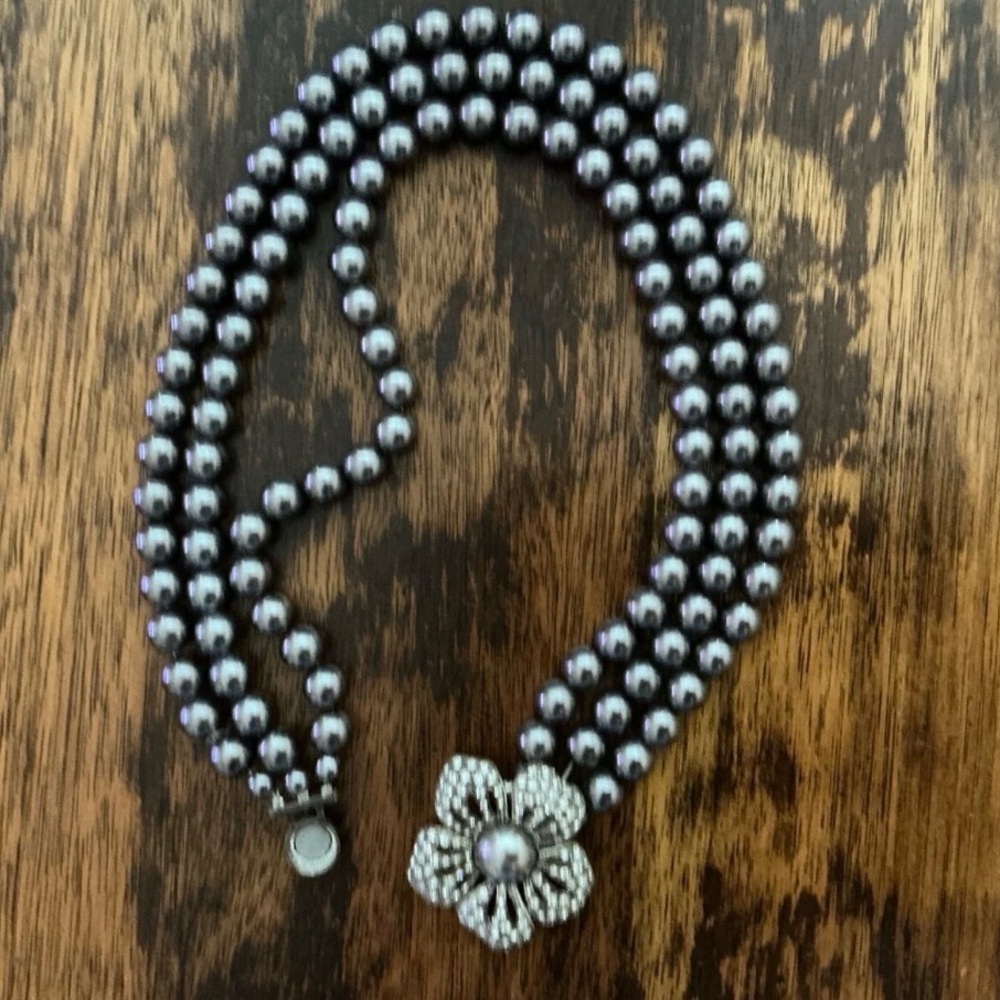 Anthropologie Black Pearl Necklace with Floral Detail